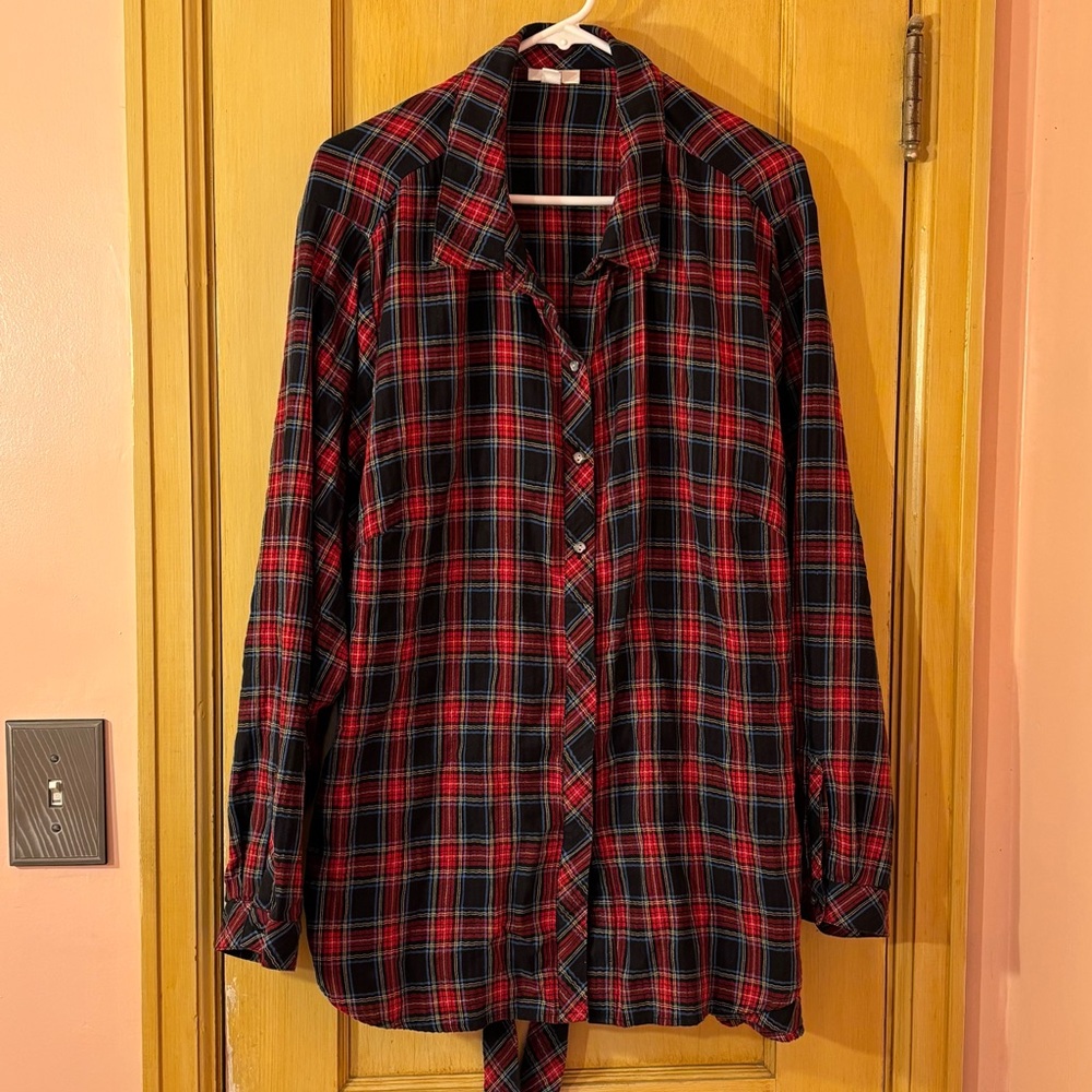 J Jill Navy and Red Plaid Button Front Shirt with tie back Size 3X